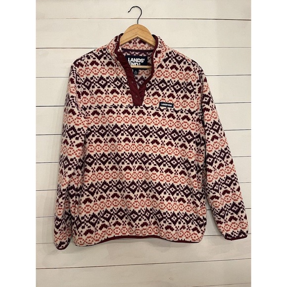 Lands End Heritage Quarter Snap Fleece Pullover‎ Large Burgundy Orange Fair Isle - Picture 1 of 5